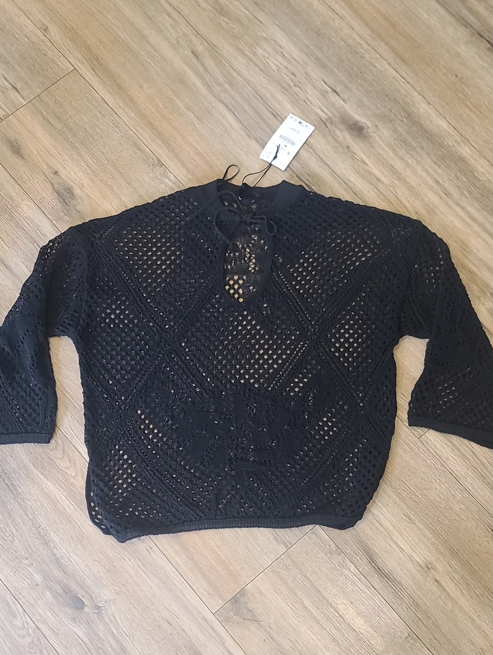 NWT Zara Black Open Knit Crochet Lace Up Sweater Top Size Small